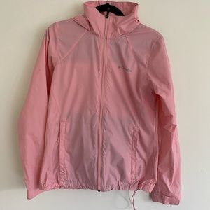 Columbia pink hooded rain jacket.